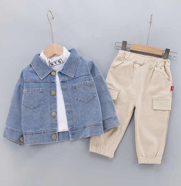 مجموعة ملابس خريفية عصرية مناسبة لعمر 1-5 سنوات جينز للأطفال 3 سنوات 1-5 Years Fashionable Autumn Clothes Set with Jeans Coat and Pants 3 Boys