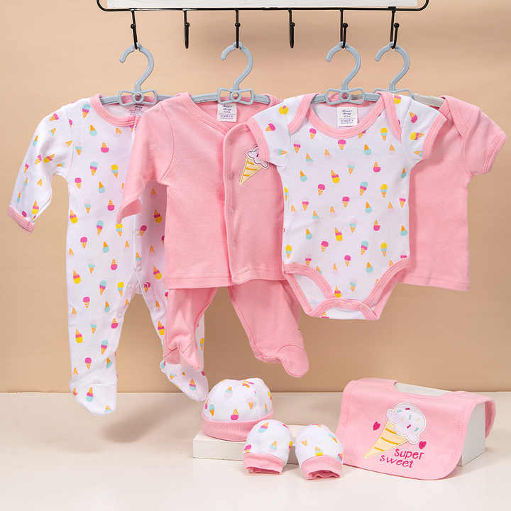 High Quality Multi-design Combed Cotton 8 Piece Set Newborn Baby Bodysuit Rompers Baby Full Set 