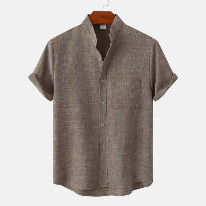 Summer Fashion Men's Casual Solid Color Stand Collar Short Sleeve Cotton Linen Breathable Knitted Top Pocket Shirt 