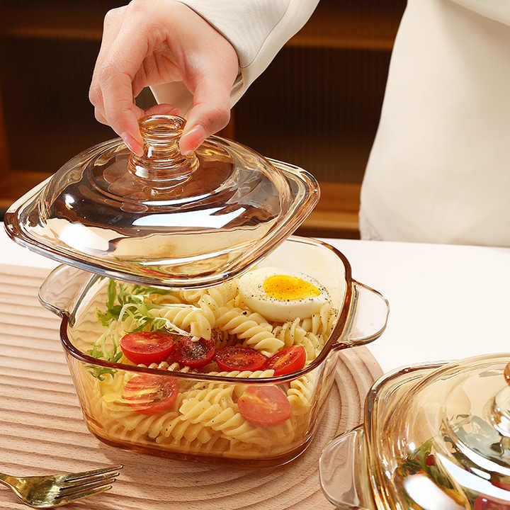 High-end food bowl, thick double-eared salad bowl, amber glass bowl, kitchen utensils, glass bowl with lid 