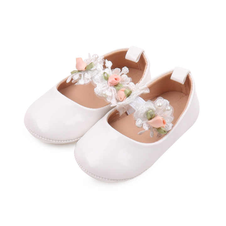 Baby girls solid color design with lace flower and breathable princess shoes 