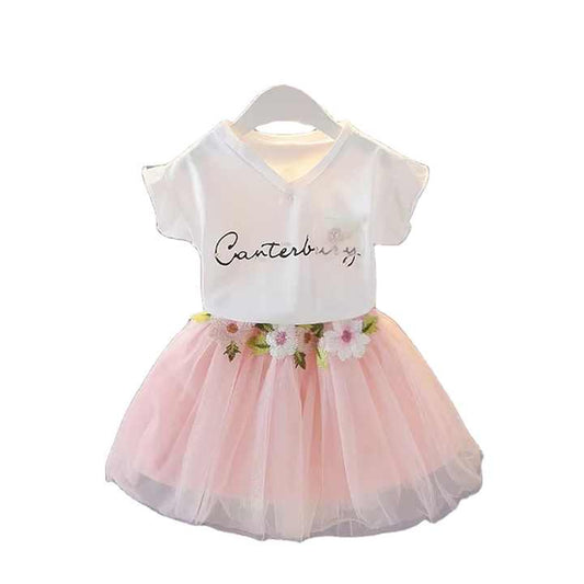 Summer girl Korean version cheap price pure cotton top + puffy skirt 2 pieces children's clothing setفتاة الصيف النسخة الكورية رخيصة الثمن القطن الخالص أعلى + تنورة منتفخة 2 قطعة مجموعة ملابس الأطفال