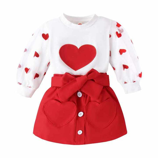 Elegant Red Heart Print Blouse + A-Line Skirts 1-5 Years Girls Valentine's Day Outfits Sets with Glasses Bagبلوزة أنيقة بطبعة قلب أحمر + تنورات على شكل سطر 1-5 سنوات مجموعات ملابس للبنات لأيام عيد الحب مع حقيبة نظارات