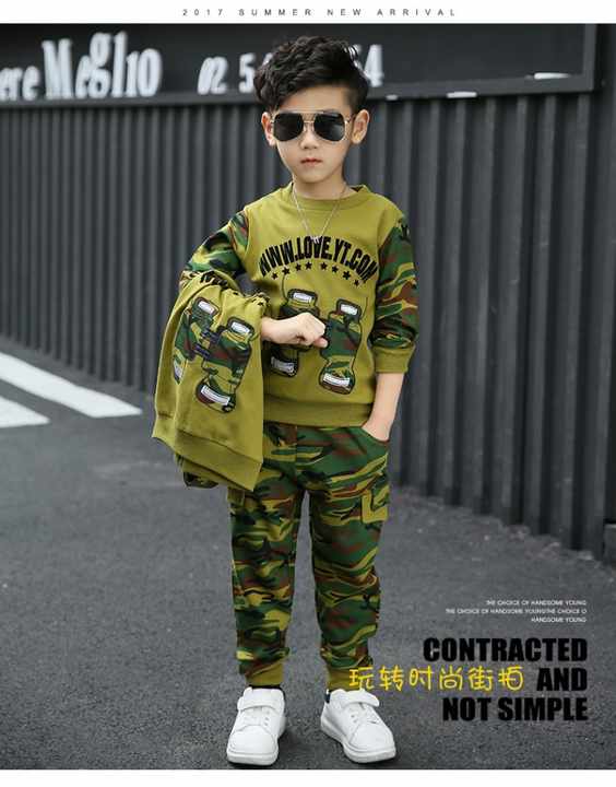 High Quality Custom Kids Clothes Wholesale Camouflage 2 Piece Suit Long Pants Set for Boys 