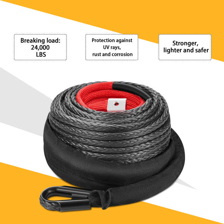 80ft Black Synthetic Winch Rope 24,000 lbs, 