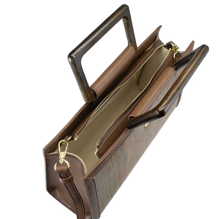 New Arrival Genuine Leather Women's Handbag with Walnut Wooden Handle, Classic Elegant Handbags with Zipper Designer Bags for Women