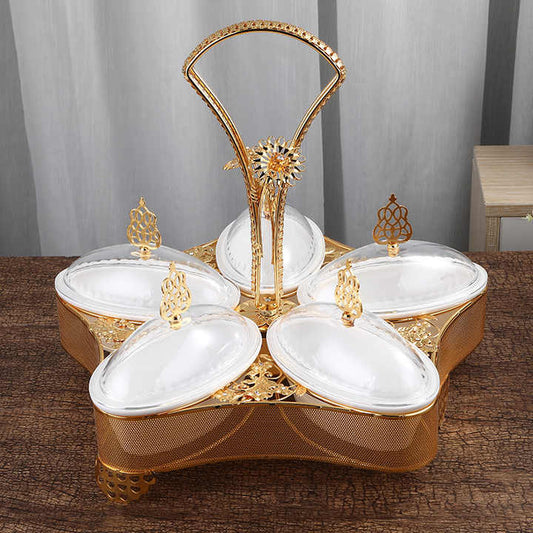 Qian Hu Turkish Luxury Golden Metal Plastic Dry Snack Tray Fruit Plates with Lid 