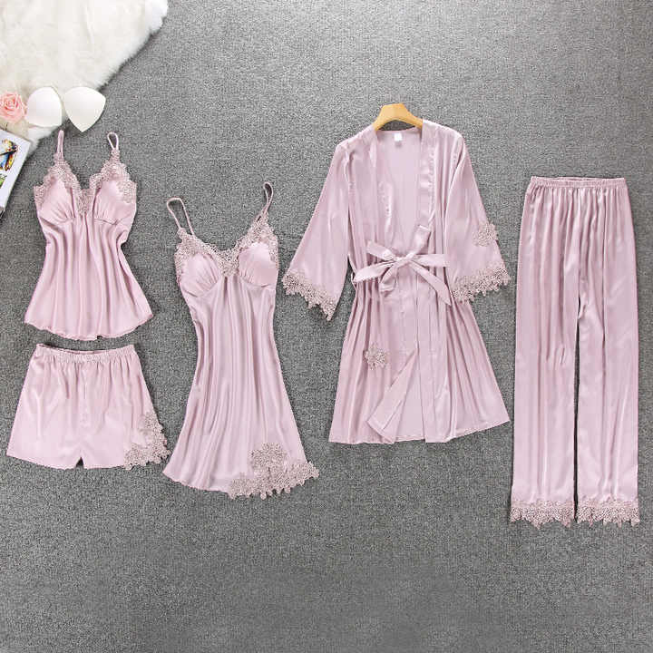 Women's Pajamas Sleepwear Nightgowns for Women Satin Robe 5 Piece Honeymoon Pajama Set 