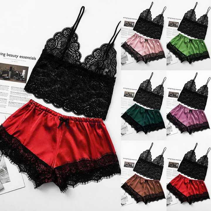 Women's Sexy Lingerie Satin Lace V-Neck Babydoll Sleepwear ملابس نوم مثيرة ملابس نوم نسائية