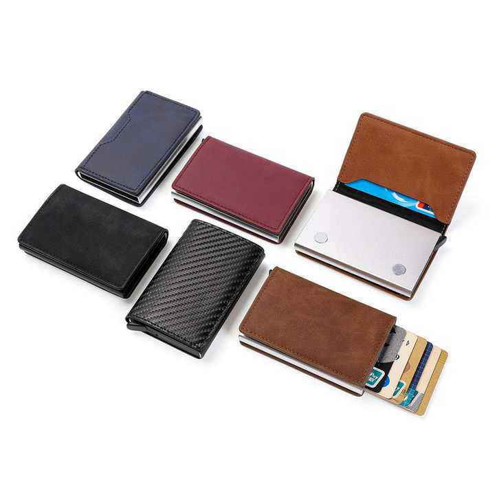 Pop Up PU Leather Metal Wallet RFID Blocking Automatic 
