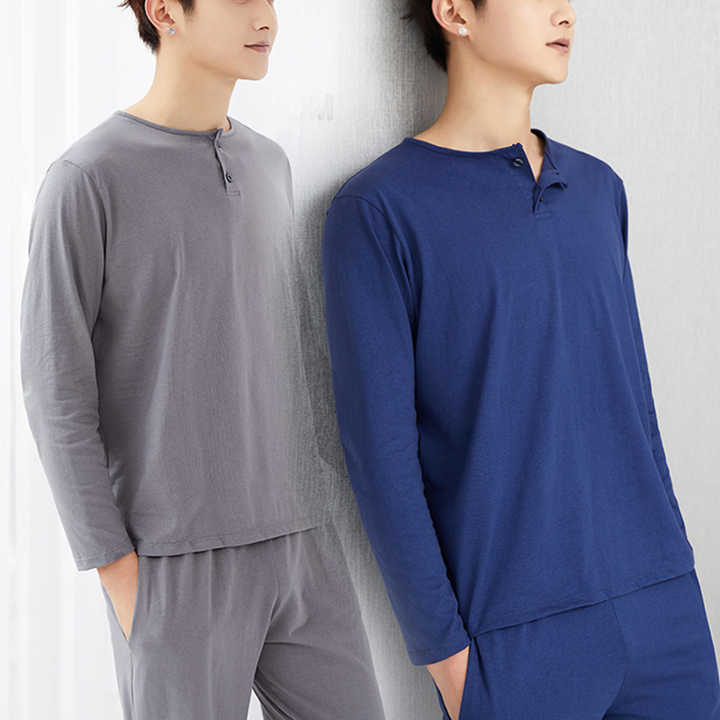 Men's Plus Size Cotton Pajamas Long Sleeve Round Neck 
