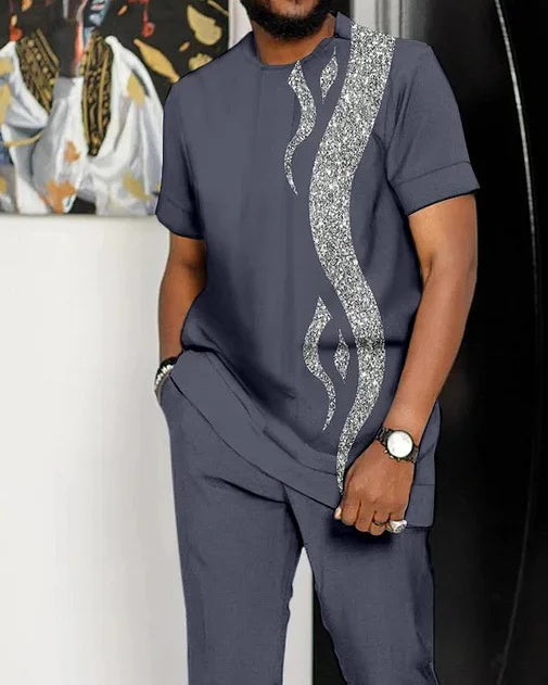 بدلة رجالية بنية بيضاء مطبوعة بأكمام قصيرة