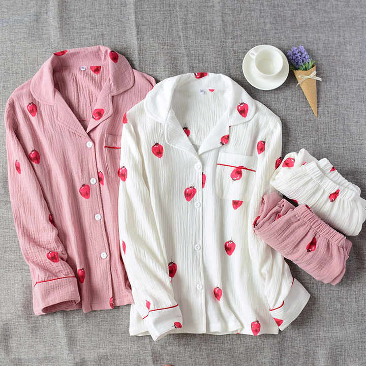 Cute Strawberry Printed Long Sleeve V Neck Nightgown Women Cotton Pajama Set for Women 
