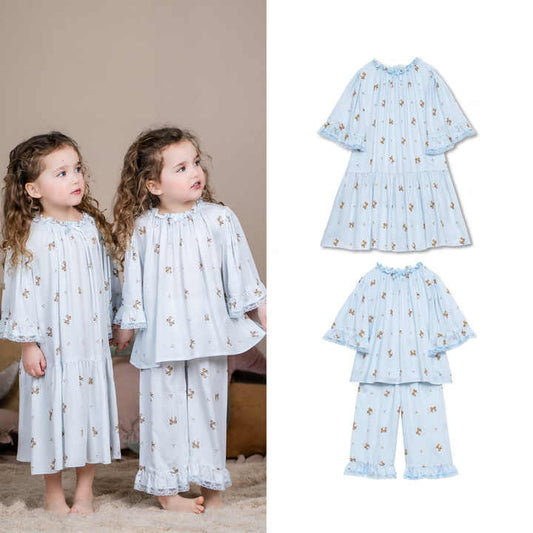 Custom Print Baby Pyjamas Cotton Silk Print Dresses Two Piece Children Boutique Girls Sleepwear PJS Kids Pajamas Setsبيجامات أطفال مطبوعة حسب الطلب، فساتين مطبوعة من القطن والحرير، ملابس نوم بوتيك للبنات، طقم بيجامات للأطفال، قطعتين
