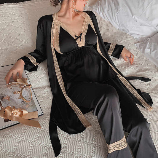New Arrival 3 Pieces Ice Silk Satin Robe with Lace Pants Sexy Homewear Women Pajamas Kimono Robe Set 