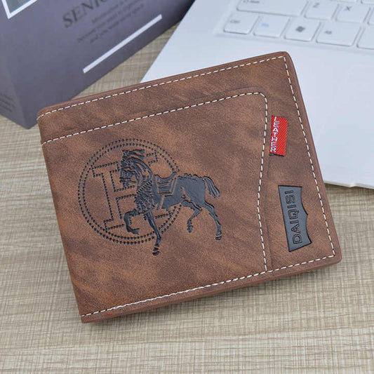 محفظة جلدية كلاسيكية للرجال بسحاب قصير ونمط . Classic Men's Leather Wallet with Short Zipper