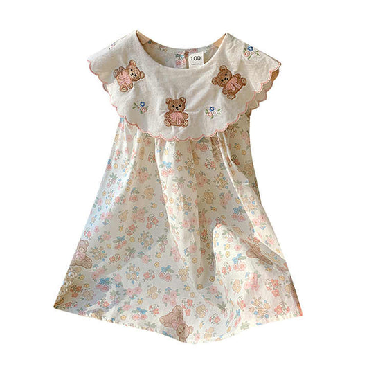 Summer Children's Floral Vest Skirt Girl Clothes- فستان بناتي مطرز على شكل دب وياقة