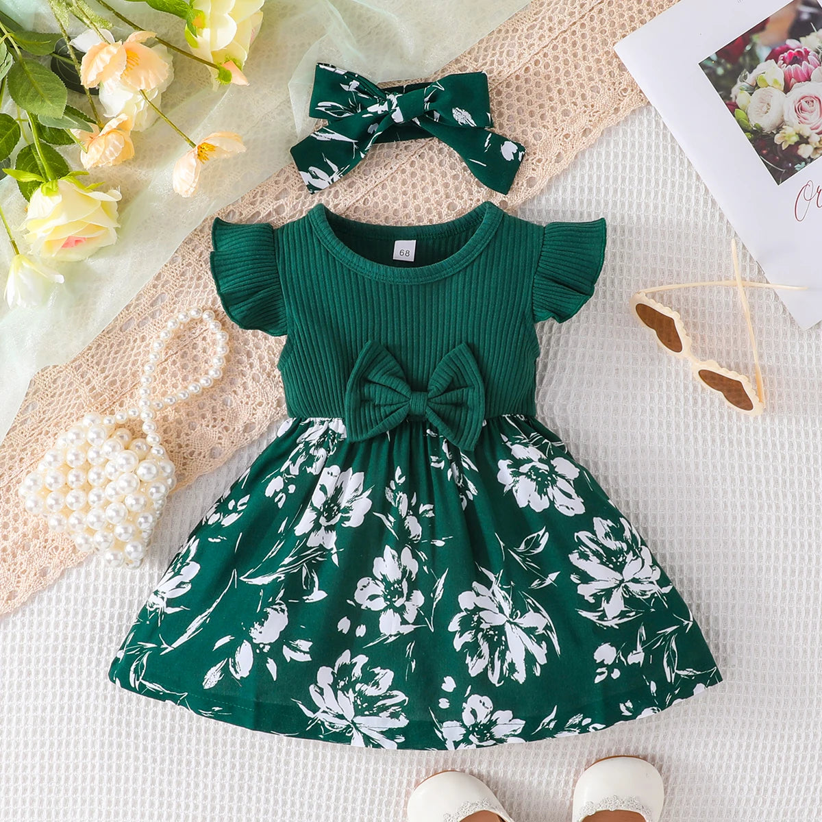 فستان فتاة صغيرة بأكمام طويلة مع فيونكة لطيفة -  Little Girl Sweet Bow Fly Sleeve Dress Baby