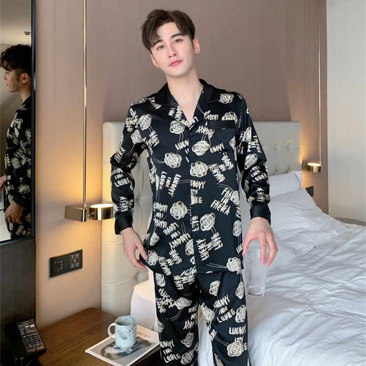Spring, new men's ice silk floral pajamas 
