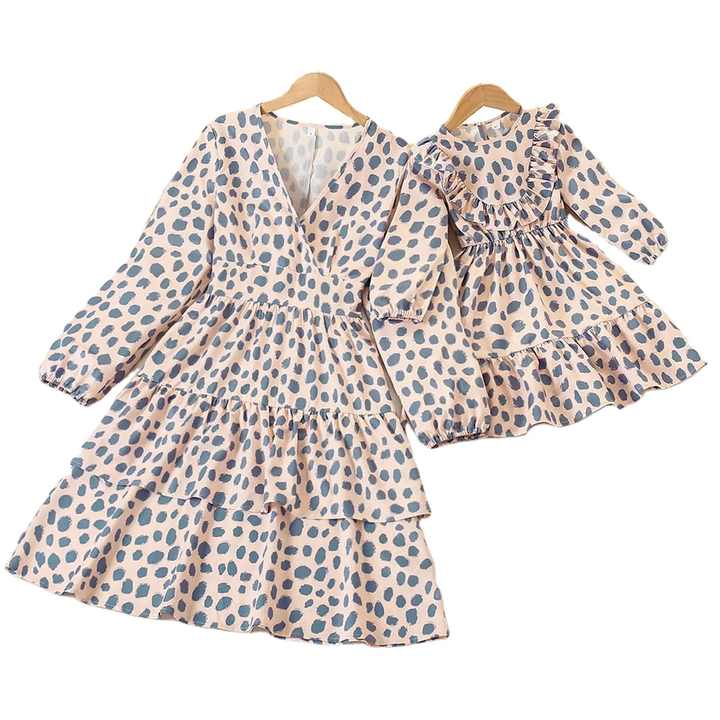 Conison Spring Summer New Mother and Baby Clothes Polka Dot Long Sleeve Slim Fit Mother and Daughter Matching Outfits 