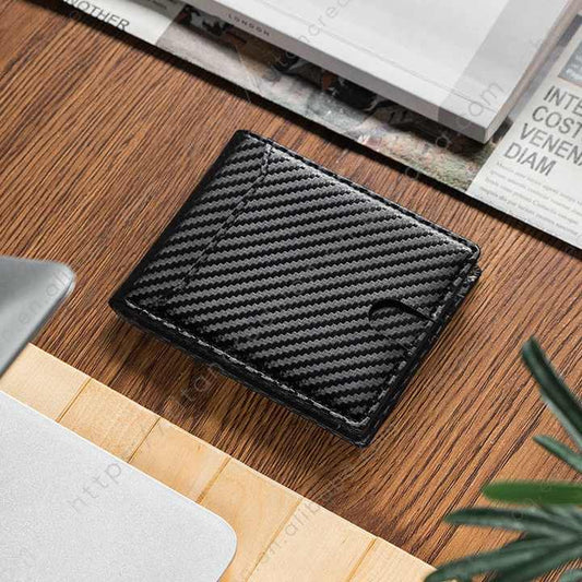 محفظة رجالية جلدية قصيرة قابلة للطي من ألياف . Men's Short Carbon Fiber Leather Bifold Wallet in Black