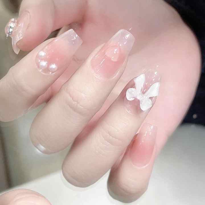 Hot Selling Pink White Bowknot Fake Nails 