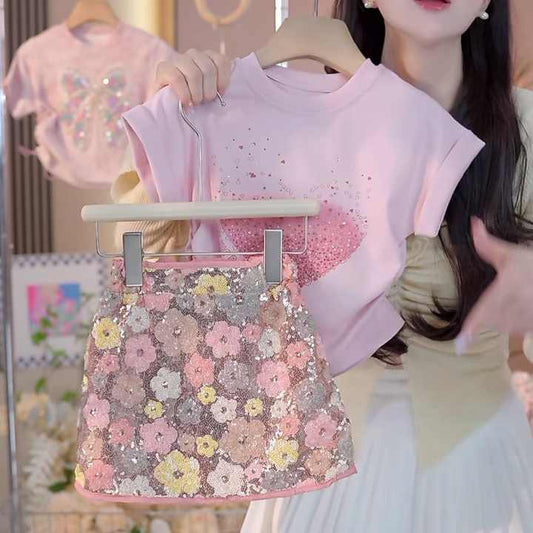 بدلة صيفية عصرية للبنات من قطعتين تي شيرت بأكمام قصيرة وتنورة Girls' Fashion Summer 2-Piece Suit Short Sleeve T-Shirt