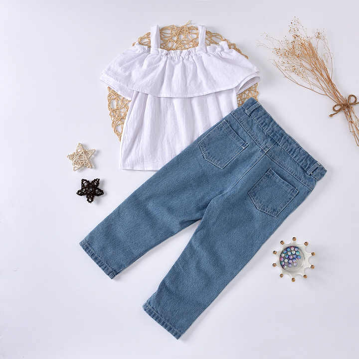 Girls' 2-Piece Beaded Jeans Outfits Summer Elegant طقم ملابس بناتي من قطعتين جينز مطرز بالخرز صيفي أنيق