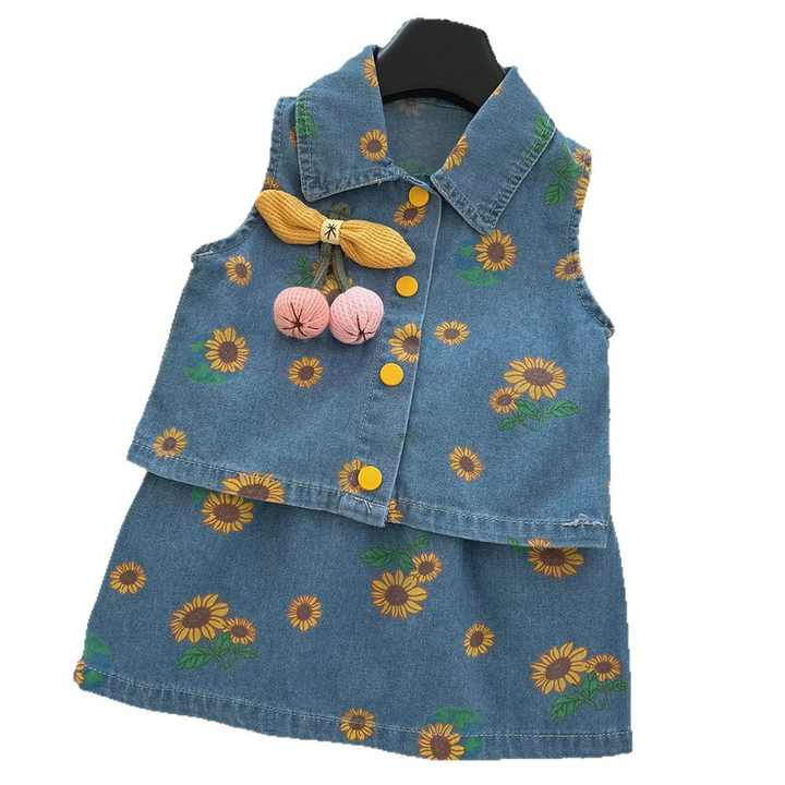Skirt 2-piece Set Retro Kids girls Clothes Girl-طقم أطفال صيفي من قماش الدنيم الأزرق
