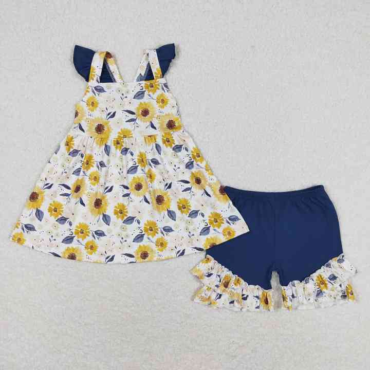 Sunflower Floral Top Shorts Baby-فساتين صيفية وردية مطرزة بالترتر للفتيات