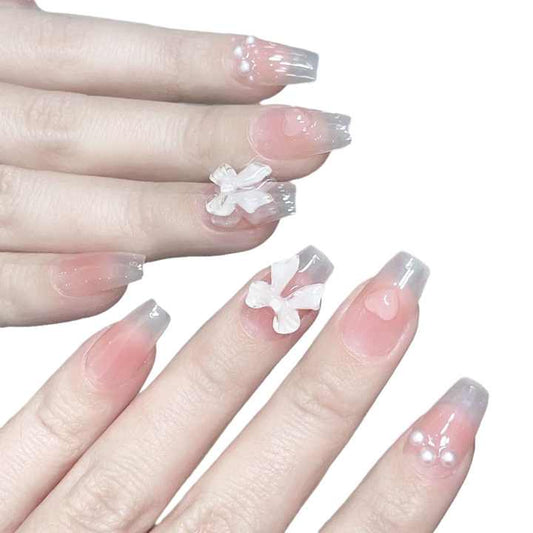 Hot Selling Pink White Bowknot Fake Nails 