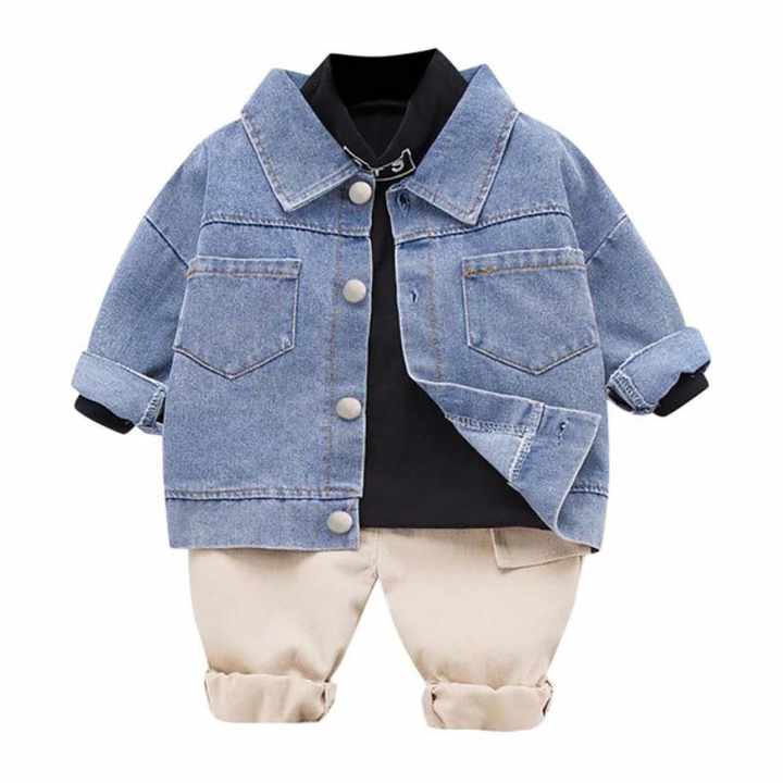 مجموعة ملابس خريفية عصرية مناسبة لعمر 1-5 سنوات جينز للأطفال 3 سنوات 1-5 Years Fashionable Autumn Clothes Set with Jeans Coat and Pants 3 Boys