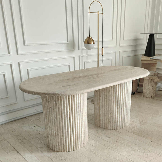 HZX Customizable Fluted Oval Marble Travertine Dining Table 
