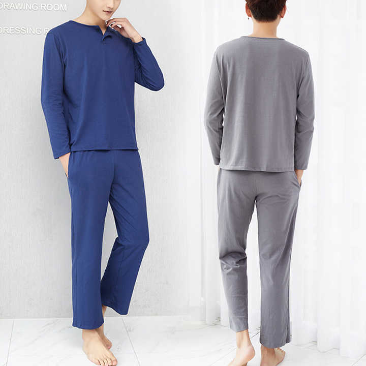 Men's Plus Size Cotton Pajamas Long Sleeve Round Neck 