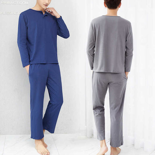 Men's Plus Size Cotton Pajamas Long Sleeve Round Neck 