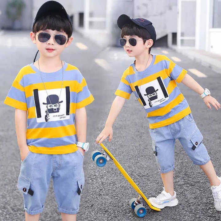 Summer baby boys clothes cotton stripe suit. 