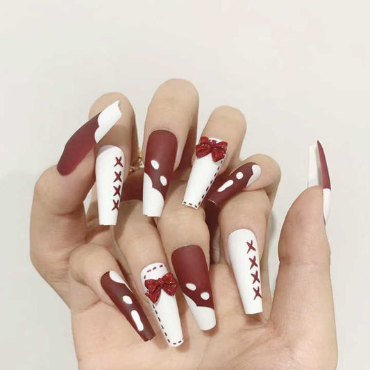 Abstract Red Marble Nails Press on Long-مسامير الرخام الأحمر
