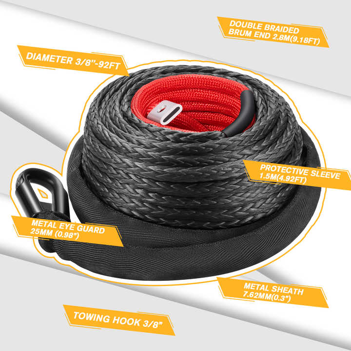 80ft Black Synthetic Winch Rope 24,000 lbs, 