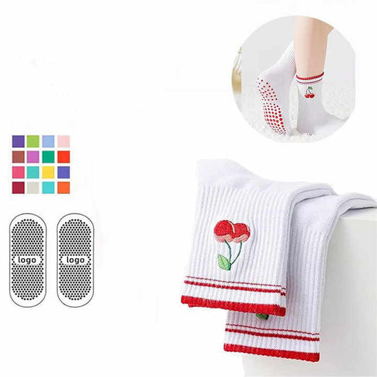 owel Bottoms, Women's Anti-slip Pilates Socks جوارب يوغا عالية الجودة مطرزة بشعار الكرز، قيعان منشفة