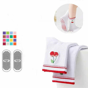 owel Bottoms, Women's Anti-slip Pilates Socks جوارب يوغا عالية الجودة مطرزة بشعار الكرز، قيعان منشفة