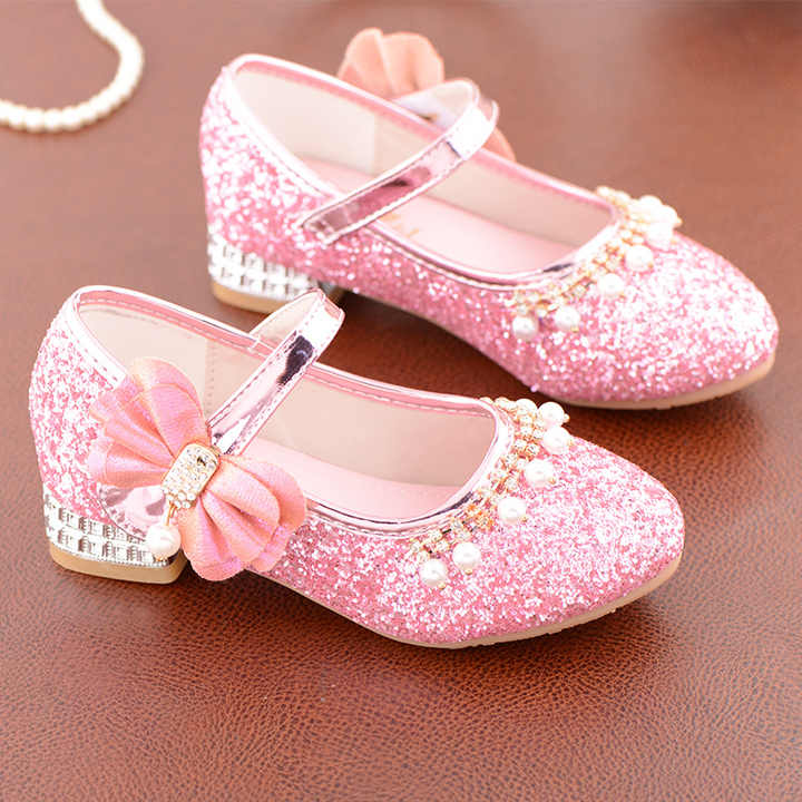 Children's High Heel Dress Shoes Girls Crystal High Heel Pearl Studded Shoes In Stock 