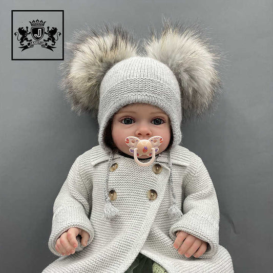 قبعات اطفال  الشتاء الدافئة قبعة صغيرة محبوكة قبعة مزدوجة كرة فرو قبعة