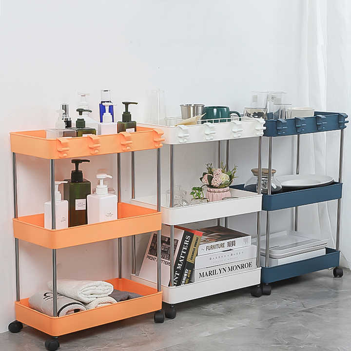 Hot Sales Multifunctional Kitchen Narrow Slot Rack Sundries Plastic 3 Tier Slim Storage Unit Shelf Rack with Wheels 