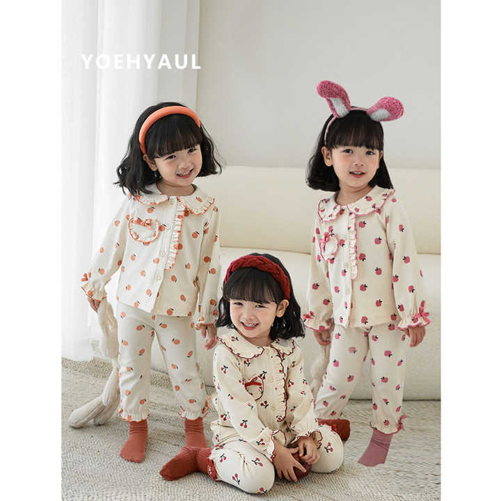 Autumn and Spring Baby Girls Cotton Order Fruit Print Ruffle Pajama Sets Home Clothes Kids Sleepwear 