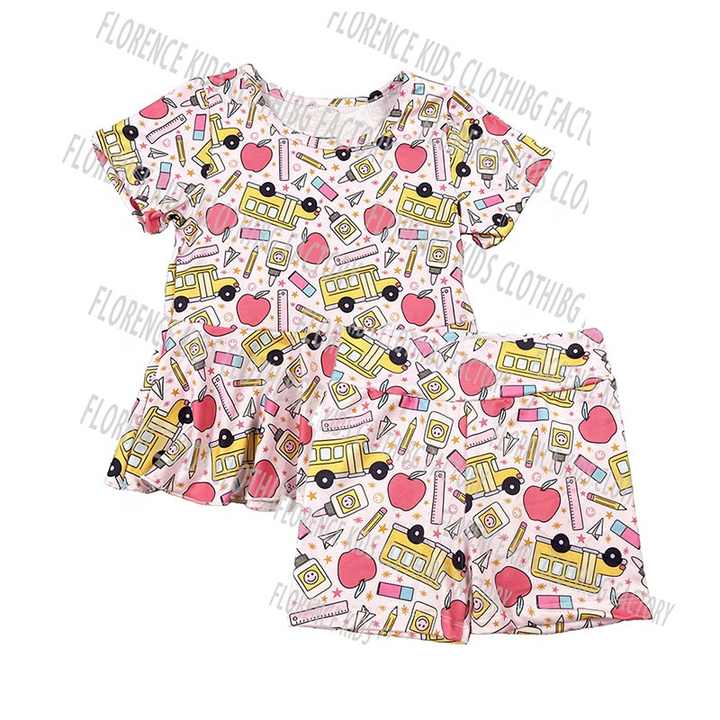 DH ODM Cute Bamboo Mushroom Print Summer Baby Girls Formal Clothes Sets 