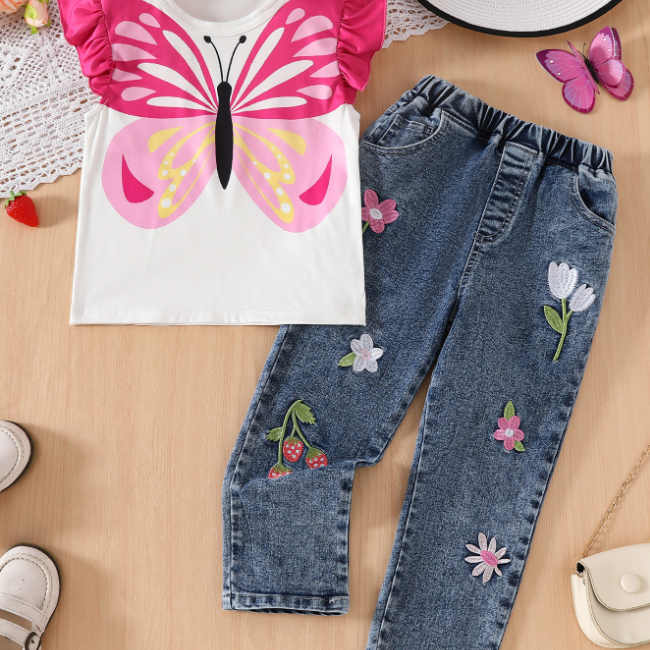 CL6862 تصميم حلو-مجموعة بناطيل جينز للبنات مع قميص قطني طقم كاجوال من قطعتينCL6862 Sweet Design Girls' Jeans and Cotton Shirt Set Casual 2 Piece Set