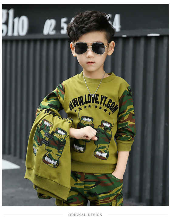 High Quality Custom Kids Clothes Wholesale Camouflage 2 Piece Suit Long Pants Set for Boys 