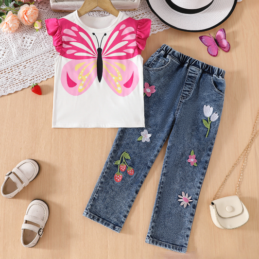 CL6862 تصميم حلو-مجموعة بناطيل جينز للبنات مع قميص قطني طقم كاجوال من قطعتينCL6862 Sweet Design Girls' Jeans and Cotton Shirt Set Casual 2 Piece Set