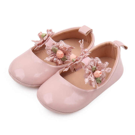 Baby girls solid color design with lace flower and breathable princess shoes 