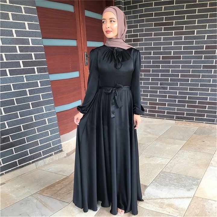 Women Muslim Satin Silk Puff Long-فستان ماكسي بأكمام